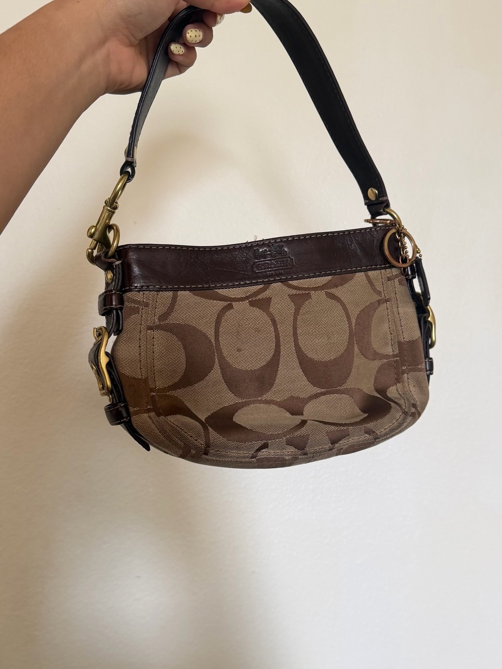 Coach Brown Signature Canvas Mini Shoulder Bag with Dark Brown Trim
